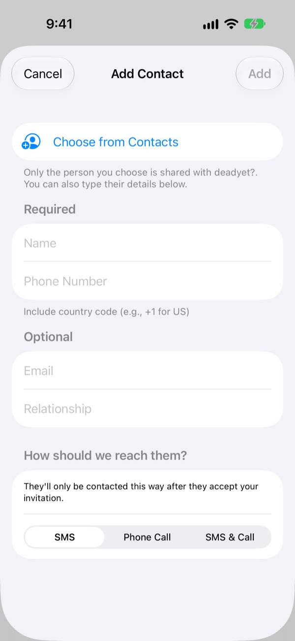 deadyet? Add Contact screen with name and phone fields and the note: They'll only be contacted this way after they accept your invitation.