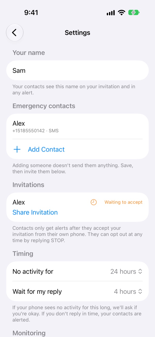 deadyet? Settings showing contact Alex marked Waiting to accept.