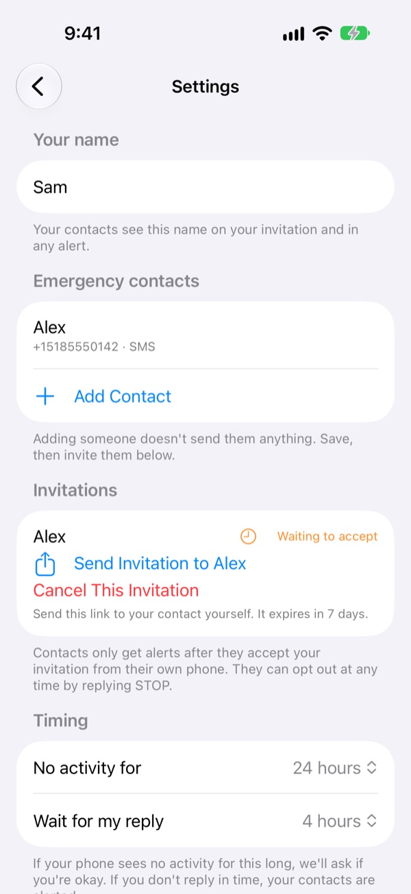 deadyet? invitation options: Send Invitation to Alex, Cancel This Invitation, and the note: Send this link to your contact yourself. It expires in 7 days.