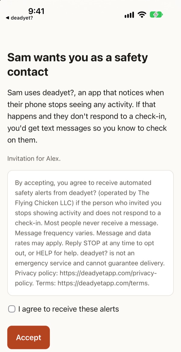 Invitation web page titled Sam wants you as a safety contact, showing the full terms and an unchecked I agree to receive these alerts box above the Accept button.