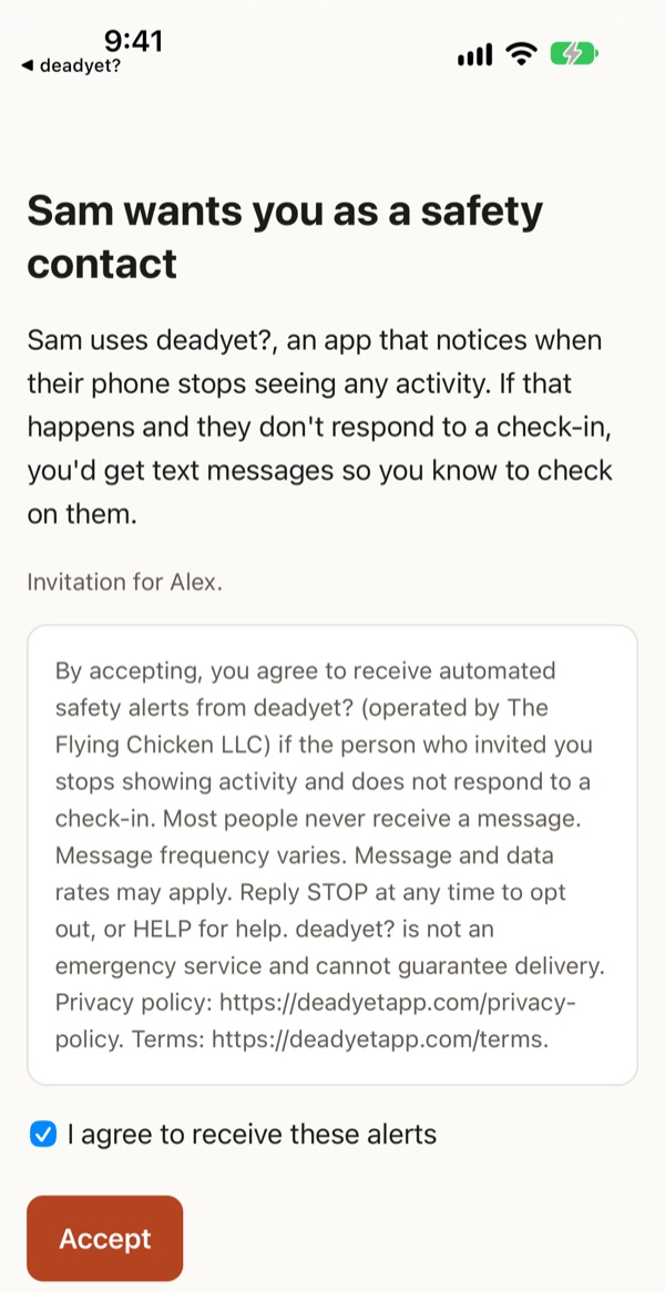 The same invitation page with the I agree to receive these alerts box checked.