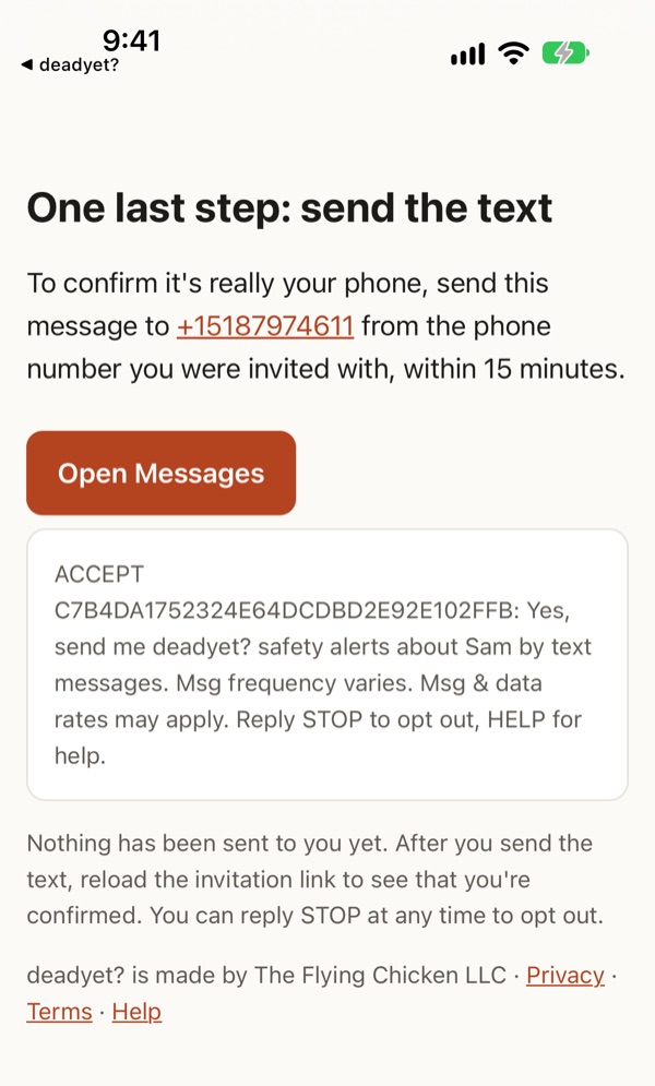 Page titled One last step: send the text, asking the contact to text the ACCEPT message to +15187974611 from the invited number within 15 minutes, with an Open Messages button.
