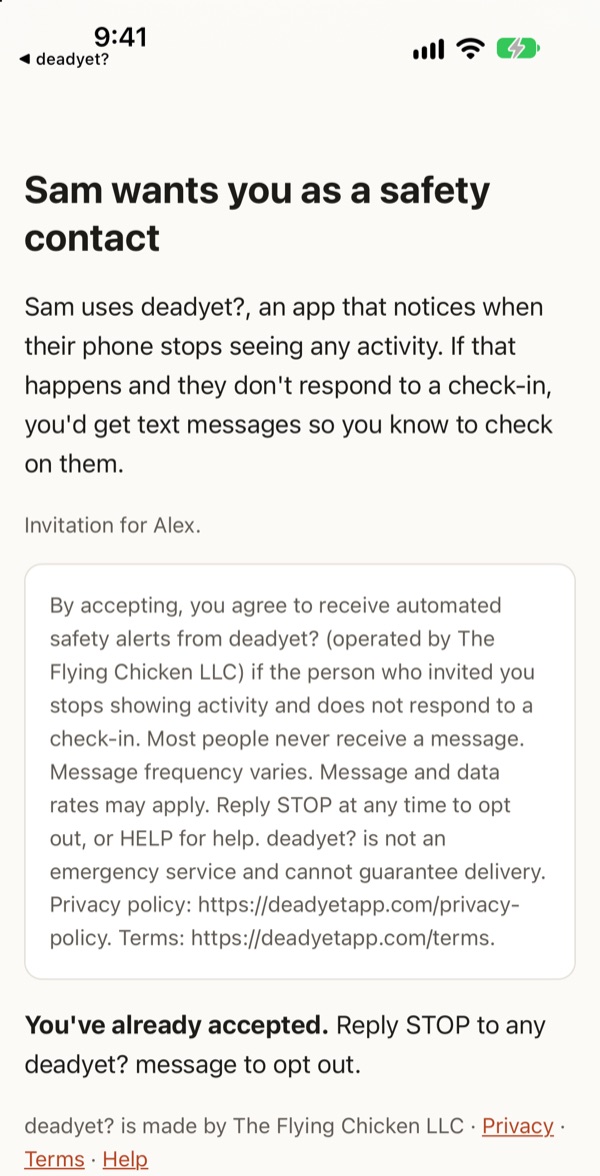 Invitation page after confirmation reading: You've already accepted. Reply STOP to any deadyet? message to opt out.