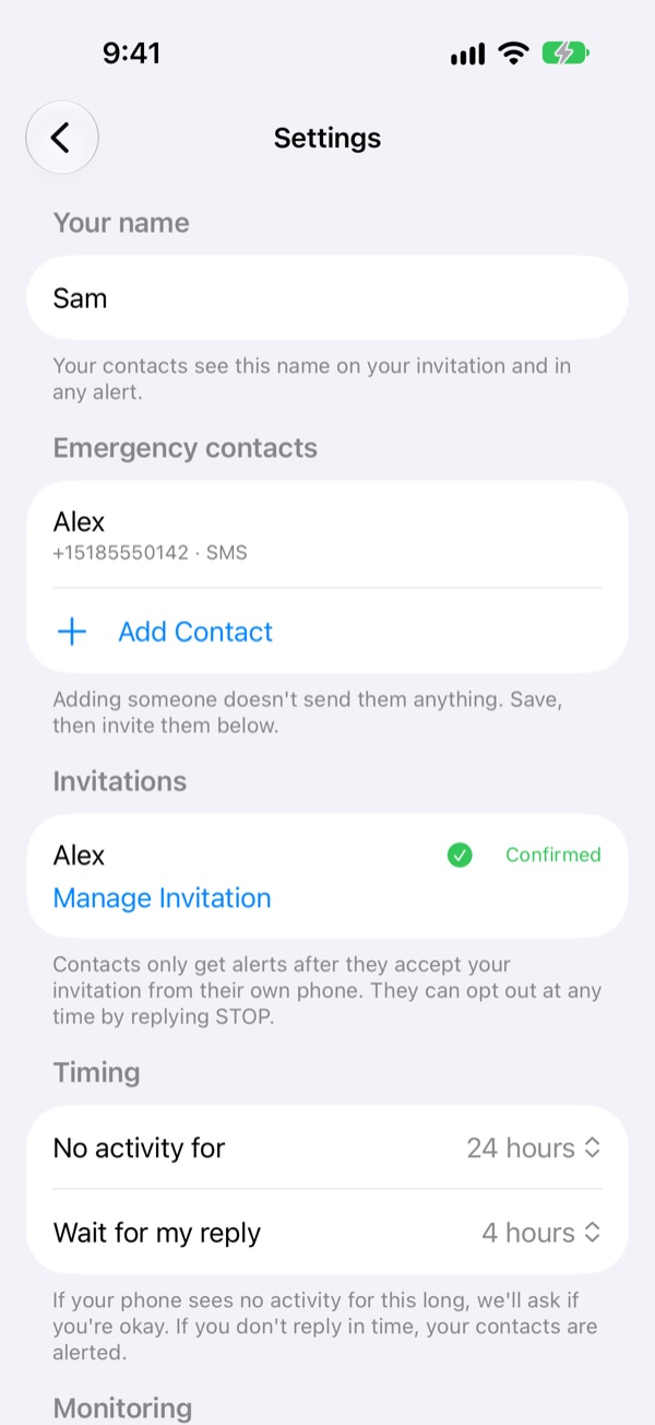 deadyet? Settings showing contact Alex marked Confirmed.